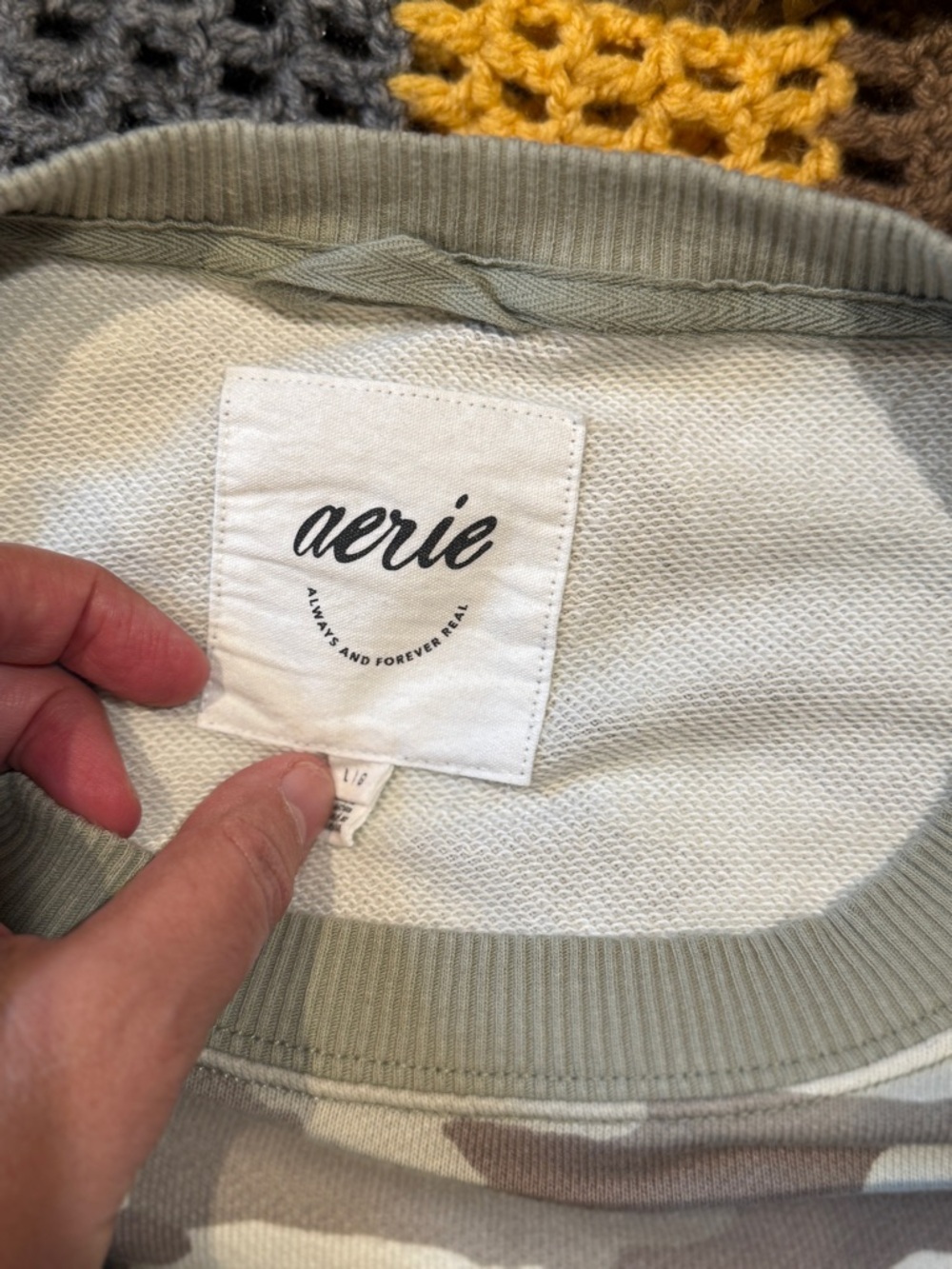 aerie Neutral Green Camo Crewneck Sweatshirt - Picture 5 of 7